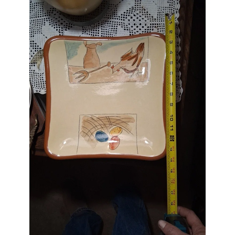 Studio Nova Square Platter Farm Hen & Nest Hand Painted Ceramic 12